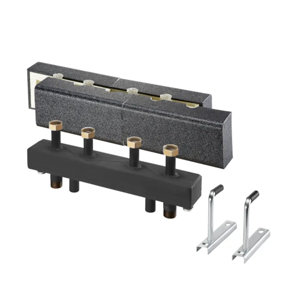 Hydraulische Weiche von Oventrop, bestehend aus einem schwarzen Verteiler mit Edelstahlanschlüssen und zwei isolierten Blöcken, plus zwei Halterungen.